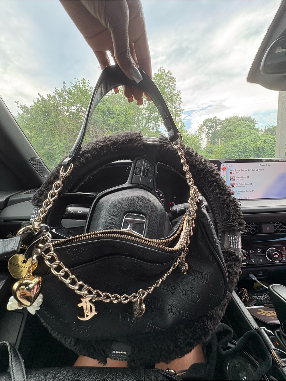 Juicy Couture Black Faux Shearling Chain-Trim Shoulder Tote